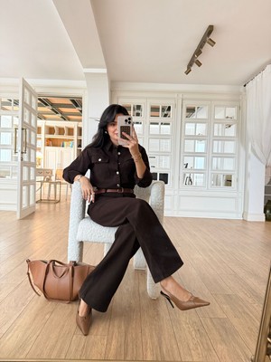 Qimya Butik Levure Kadın Kemerli Kapaklı Cepli Bol Kalıp Bol Paçalı Tulum