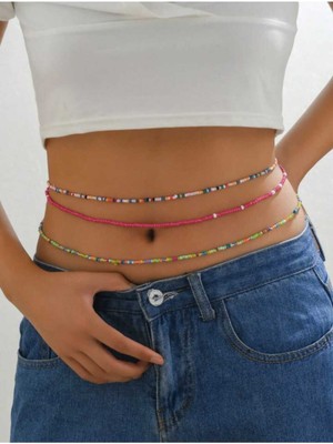 Özbience Renkli Boncuklu Bel Kolyesi ve Zinciri 3'lü Set, Şık ve Rahat Tasarım