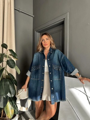 Qimya Butik Qimene Kadın Cep Kapakları Taşlı Eteği Püsküllü Oversize Bol Kot Ceket - Lacivert