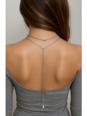 Özbience Kristal Detaylı Sırt Zinciri Gümüş Renk, Şık Gelin Aksesuarı