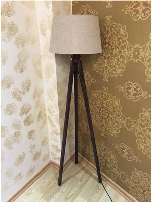 Allians Şık Kumaş Lambader Ahşap Abajur 3 Ayaklı Konik Başlık Bej Kahverengi