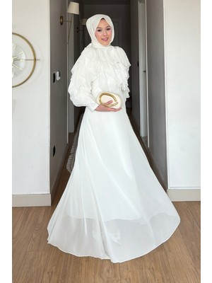 Tesettür Diyarı Bride Şifon Kumaş Fırfırlı Astarlı Tesettür Elbise- Beyaz