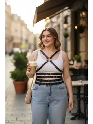Özbience Kadın Büyük Beden Siyah Deri Kemer Çapraz Askılı Body Harness
