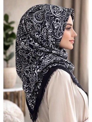 Sinem Emprime Koton Eşarp -  Siyah / BEYAZ-6292-10