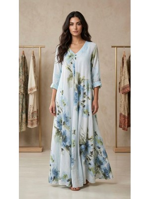 Rabiossa Kadın V Yaka Çiçek Desenli Uzun Italyan Keten Elbise