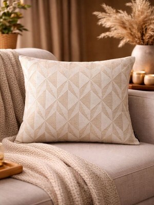 Mrs.Gugar Krem Bej Geometrik Desenli Keten Kırlent Kılıfı 43X43 cm – Premium Collection