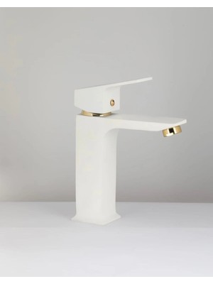 Idimax Kare Lavabo Batarya (Beyaz-Gold) - Fırın Boyalı - Komple Pirinç - Montaj Aparatı Hediye