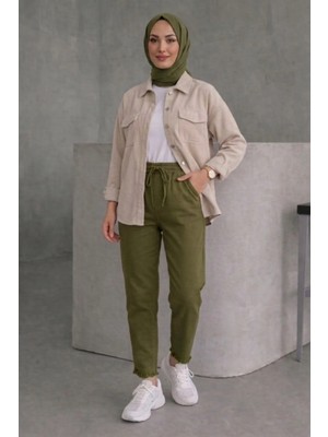 Tesettür Diyarı Kadın Beli Lastikli Keten Pantolon- Haki