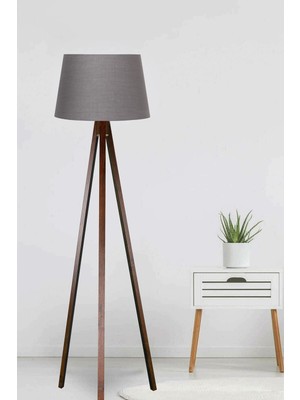 Allians Şık Tripod Ayaklı Ahşap Abajur, Konik Kumaş Tasarımı, Füme ve Kahverengi