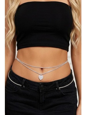 Özbience Parlak Taşlı Gümüş Renk Kalpli Bel Zinciri, Şık Vücut Aksesuarı