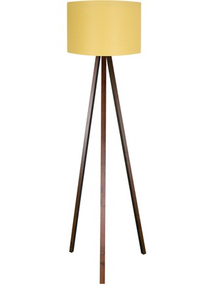 Allians Şık Yuvarlak Kumaş Lambader, Üç Ayaklı Tripod Abajur, Sarı ve Kahve Tonu