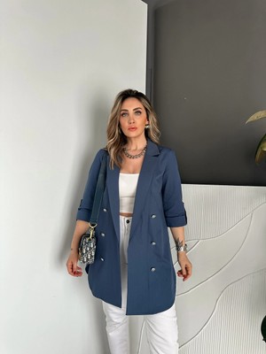 Qimya Butik Qimene Kadın Metal Düğmeli Önü Açık Rahat Kalıp Ceket