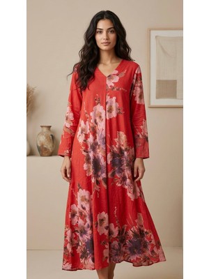 Rabiossa Kadın V Yaka Çiçek Desenli Uzun Italyan Keten Elbise