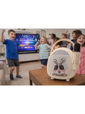 Tekinhediyelik Çocuklara Özel Retro Tasarımlı Bluetooth Karaoke Mikrofon ve Ahşap Tripodlu – Beyaz