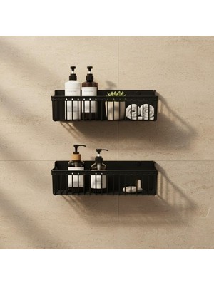 Storemax Hepsifursell Yapışkanlı Plastik Siyah Banyo ve Mutfak Rafı – Su Tahliyeli Duş Organizeri, Askılı Düzenleyici (2’li Set – 25 Cm)