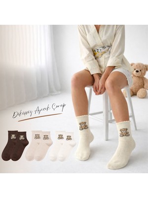 Kral Socks 3 Çift Kadın Ayıcık Desenli Dikişsiz Pamuklu Patik Çorap