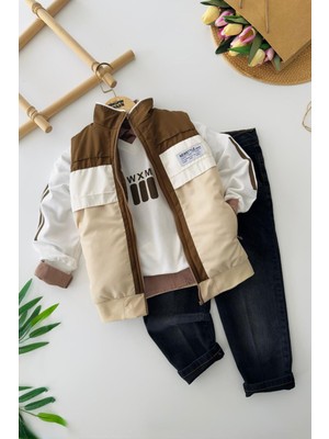 Miniğimin Cicileri Newstyle Kapitone Şişme Yelekli Sweatshirtlü Erkek Çocuk 4’lü Kombin Takım - Bej