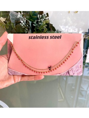 Özbience Kırmızı Boncuklu Çelik Bel Zinciri, Topçuklu Ikili Görünüm, Vücut Aksesuarı