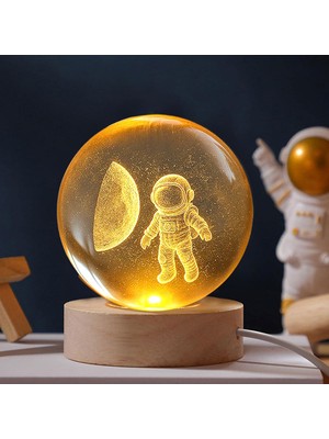 Allians 3D LED Işıklı Astonot Figürlü Ahşap Standlı Cam Küre Gece Lambası