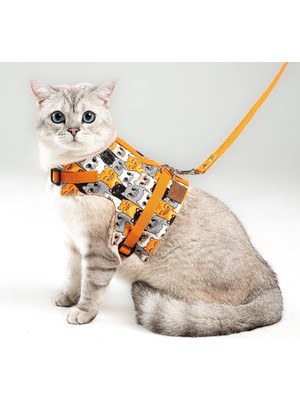 Storemax Hepsifursell Kaçış Önleyici Kedi Gezdirme Tasması ve Küçük Irk Köpek Gezdirme Tasması (M, Turuncu Kedi Desenli)