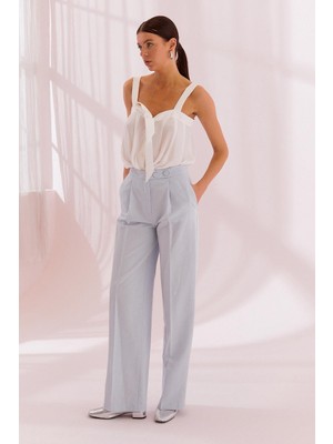 Kadın Yüksek Bel Geniş Paça Çift Düğme Detay Ince Kumaş Mavi Pantolon NAAR12225-MAVİ