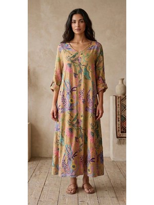 Rabiossa  Kadın Desenli Italyan Keten Oversize Maksi Boy Elbise