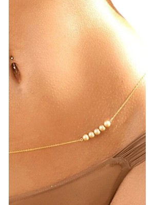 Özbience Kadın Bel Zinciri, 3 Incili, Vücut Takısı, Gold, Şık ve Zarif Tasarım