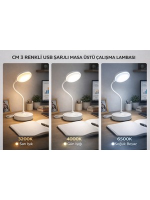 Allians Şarjlı Masaüstü LED Lamba, 3 Renk, USB Taşınabilir Çalışma Lambası