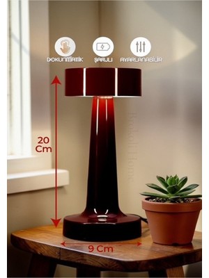 Allians Dokunmatik Masa Lambası, 3 Renkli Dim Ayarlı, Şarjlı, Ledli Abajur, Bordo