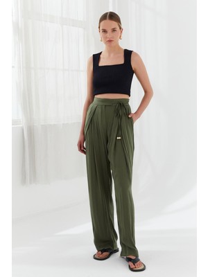 Kadın Yüksek Bel Yandan Bağlamalı Rahat Kesim Haki Pantolon NAAR12256-HAKİ