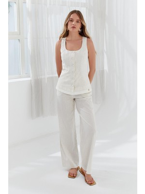 Kadın Nomal Kalıp Düğme Kapamalı Dikey Çizgili Kolsuz Ekru Yelek NAAR12727-ORİGİNAL