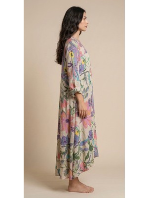 Rabiossa  Kadın Desenli Italyan Keten Oversize Maksi Boy Elbise