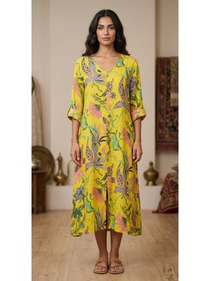 Rabiossa  Kadın Desenli Italyan Keten Oversize Maksi Boy Elbise