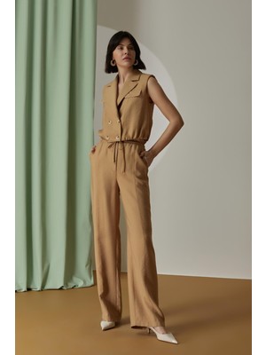 Kadın Yüksek Bel Bağlamalı Geniş Paça Cepli Camel Pantolon NAAR12205-CAMEL