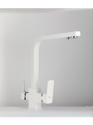 Idimax Kare Arıtma Eviye Batarya (Beyaz - 3 Yollu) - Komple Pirinç - Fırın Boyalı - Montaj Aparatı Hediye