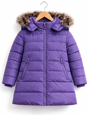 Kız Çocuk Mor Şişme Mont Kapüşonlu Kürklü Kışlık Uzun Model