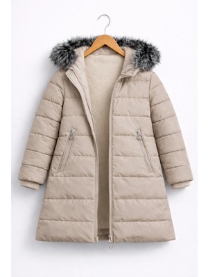 Kız Çocuk Krem Şişme Mont Kapüşonlu Kürklü Kışlık Uzun Model
