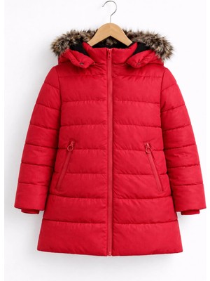 Kız Çocuk Kırmızı Şişme Mont Kapüşonlu Kürklü Kışlık Uzun Model