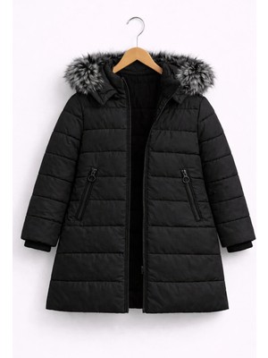 Kız Çocuk Siyah Şişme Mont Kapüşonlu Kürklü Kışlık Uzun Model