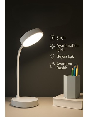 Allians Şarjlı Yuvarlak Masa Lambası, Ayarlanabilir Renk ve Parlaklık, Okuma Işığı