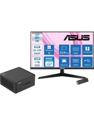 Asus Nuc 15 Pro Tall Kit Intel Core 5-210H 4.8ghz Up 24GB Ddr5 1tb SSD Intel® Graphics Asus 120Hz IPS 23.8 Fhd Mon. WIN11HOME Mini Barebone Masaüstü Bilgisayar RNUC15CRHC50000223H08+ZETTAUSBBELLEK