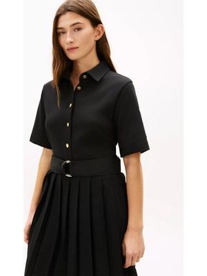 Tommy Hilfiger Kadın Normal Kalıp Beli Kemer Detaylı Gömlek Yaka Eteği Büzgülü Midi Boy Siyah Elbise WW0WW48756-BDS