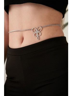 Özbience Kadın Zincirli Kelebek Figürlü Kristal Zirkon Gümüş Bel Kolyesi