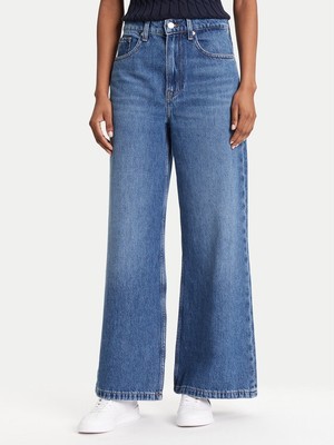 Tommy Hilfiger Kadın Yüksek Bel Geniş Paça Eskitme Desenli Denim Lacivert Pantolon WW0WW45675-1A6