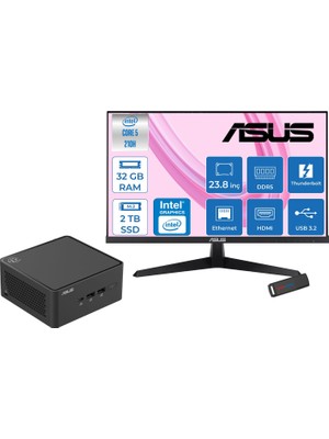 Asus Nuc 15 Pro Tall Kit Intel Core 5-210H 4.8ghz Up 32GB Ddr5 2tb SSD Intel® Graphics Asus 120Hz IPS 23.8 Fhd Mon. Freedos Mini Barebone Masaüstü Bilgisayar RNUC15CRHC50000223F14+ZETTAUSBBELLEK