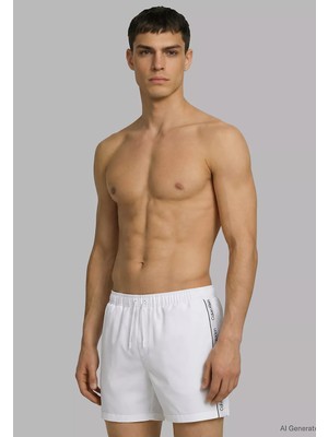 Calvin Klein Erkek Regular Fit Yanları Logo Şeritli Beyaz Deniz Şortu LV00N61002-100