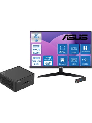Asus Nuc 15 Pro Tall Kit Intel Core 5-210H 4.8ghz Up 80GB Ddr5 256GB SSD Intel® Graphics Asus 120Hz IPS 27 Inç Fhd Mon. Freedos Mini Barebone Masaüstü Bilgisayar RNUC15CRHC50000227F26+ZETTAUSBBELLEK