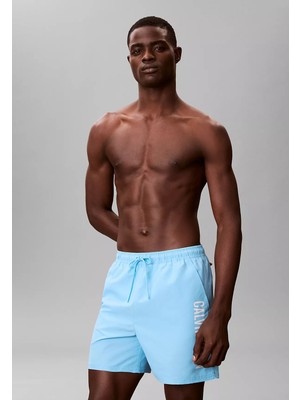 Calvin Klein Erkek Logo Baskılı Hızlı Kuruyan Kumaş Beli Lastikli Mavi Deniz Şortu LV00N61047-CW1