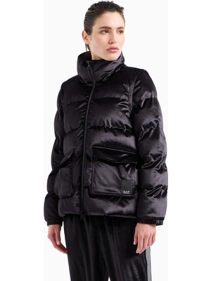 EA7 Kadın Parlak Görünümlü Dik Yaka Cep Detaylı Siyah Ceket 6DTB06 TNGBZ-1200