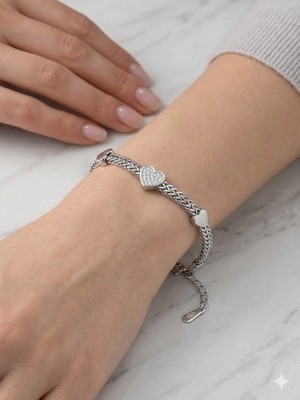 Lia Charm Gümüş Renk Paslanmaz Çelik Kalp Figürlü Zirkon Taşlı Kadın Bileklik